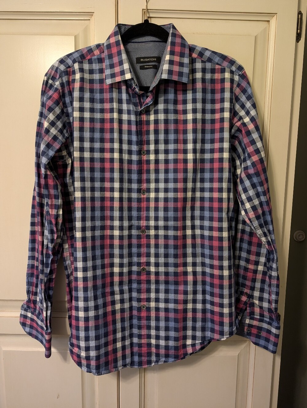 Bugatchi Blue and Pink Plaid Shaped Fit Button-Down Shirt